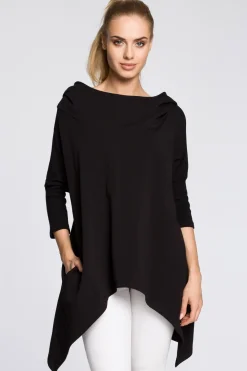 Outlet Asymetryczna peleryna damska z kapturem - czarna Tuniki|Bluzy