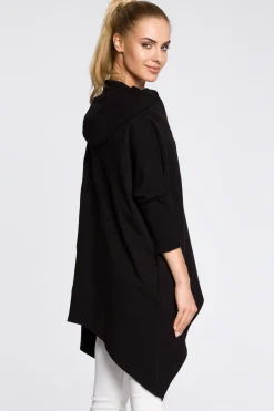 Outlet Asymetryczna peleryna damska z kapturem - czarna Tuniki|Bluzy