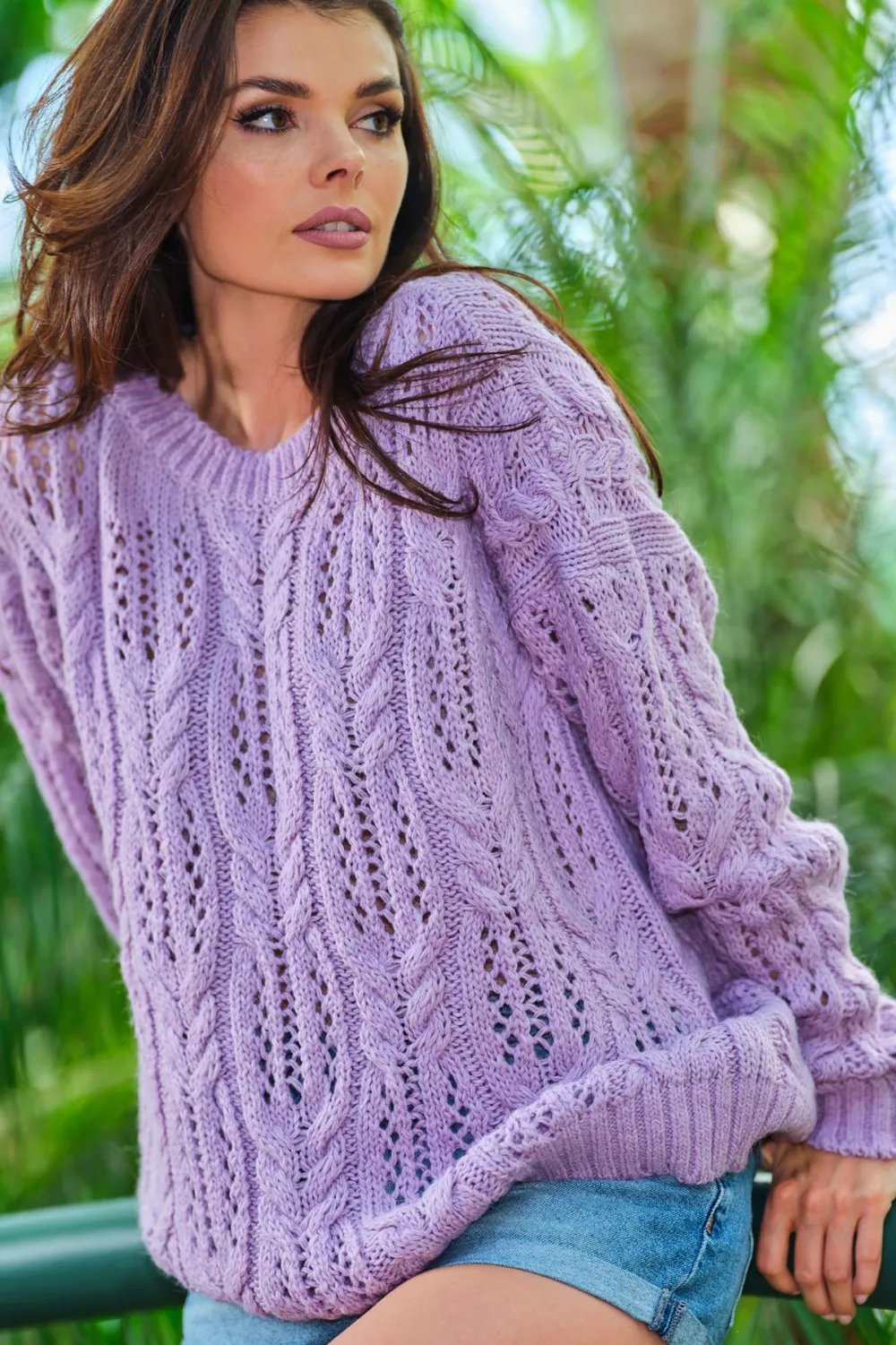 Discount Ażurowy sweter oversize - fioletowy Swetry