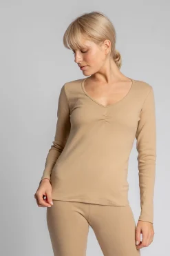 Outlet Bawełniana buzka z długii rękawai - cappuccino Odzież Casualowa|Bluzki