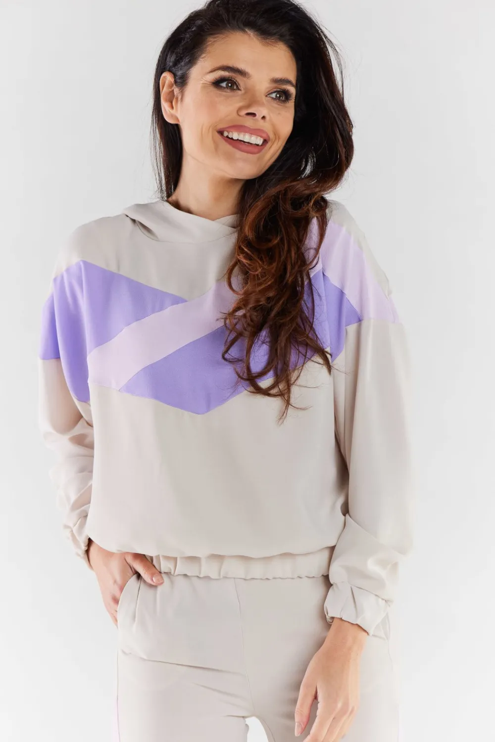 Hot Buza daka z kapture - beżowo-fioetowa Odzież Casualowa|Bluzy