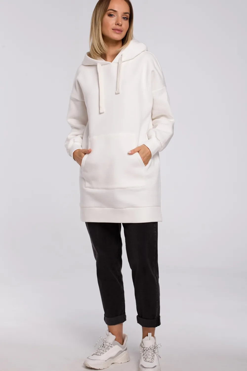 Sale Buza overize z kiezenią typu kangurek - ecru Bluzy