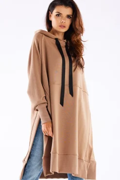 Hot Bluza oversize z rozcięciami po bokach - beżowa Odzież Casualowa|Dobry Skład