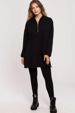 Hot Bluza - tunika z zamkiem i rozporkami po bokach - czarna Odzież Casualowa|Tuniki
