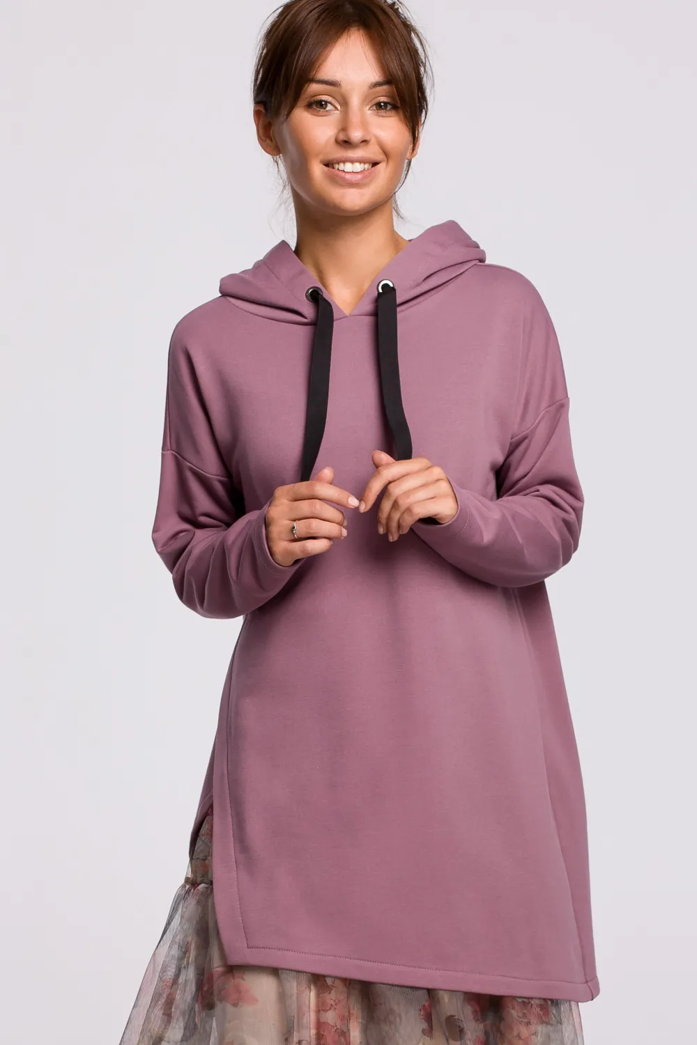 Bluza z kapturem i asymetrycznym rozcięciem - wrzosowa Odzież Casualowa|Bluzy