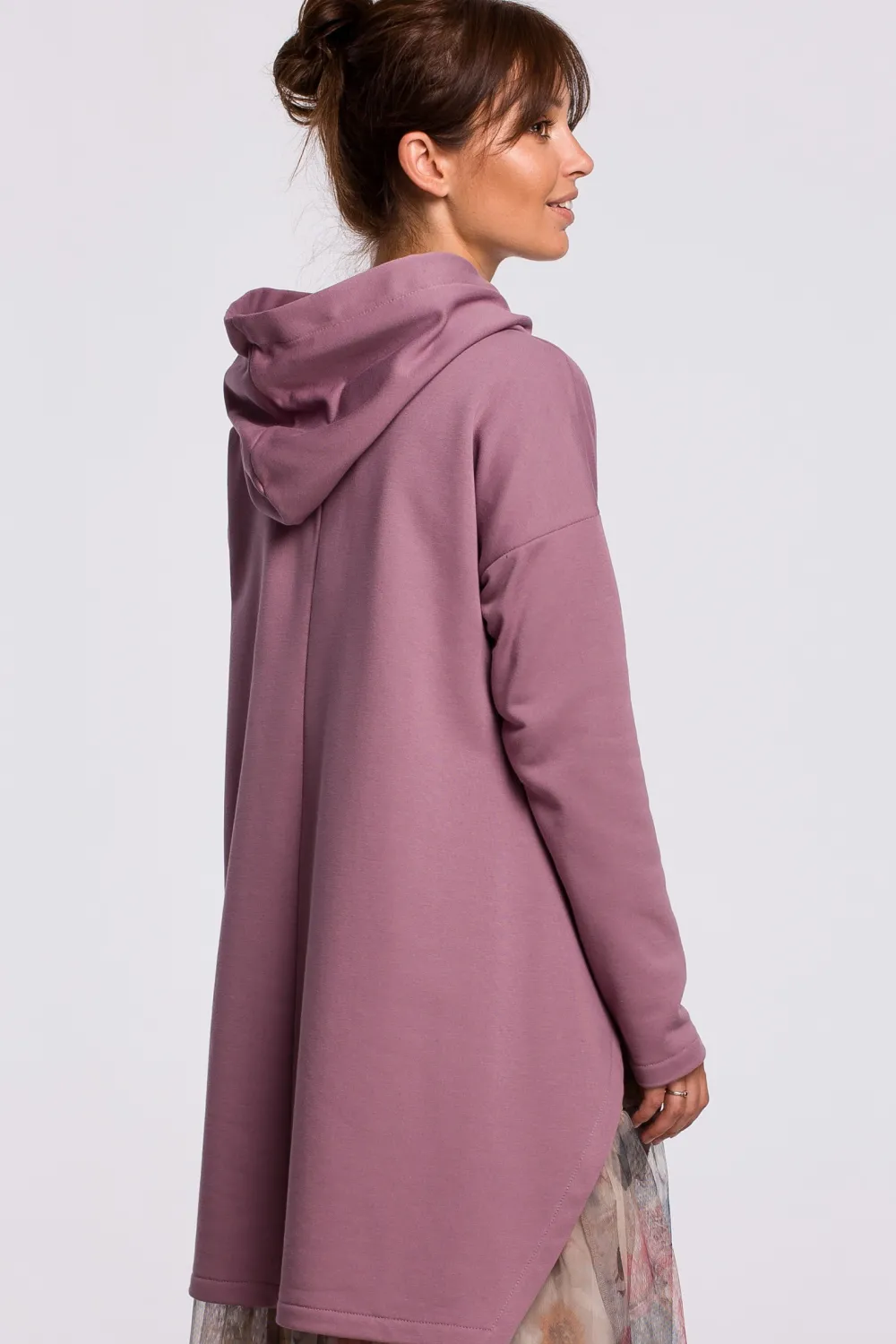 Bluza z kapturem i asymetrycznym rozcięciem - wrzosowa Odzież Casualowa|Bluzy