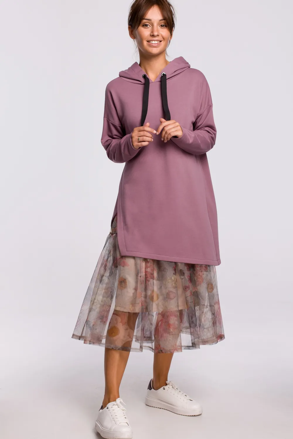 Bluza z kapturem i asymetrycznym rozcięciem - wrzosowa Odzież Casualowa|Bluzy