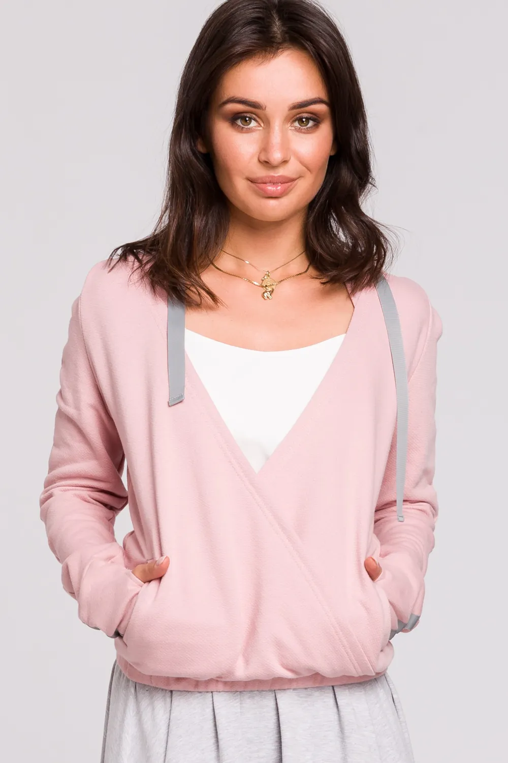 Online Buza z kapture i przode na zakładkę - pudrowa Odzież Casualowa|Bluzy