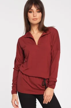 Discount Bluzka z marszczeniem w pasie - bordowa OUTLET Bluzki