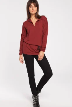 Discount Bluzka z marszczeniem w pasie - bordowa OUTLET Bluzki