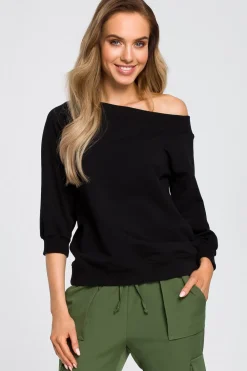 Bluzka z opadającym ramieniem - czarna Odzież Casualowa|Bluzy