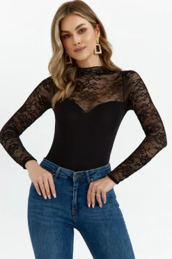 Best Body dakie z koronkowy rękawe i dekote - czarne Body|Bluzki