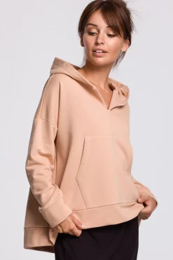 Discount Ciepła bluza z kieszenią kangurek i kapturem - beżowa Odzież Casualowa|Bluzy