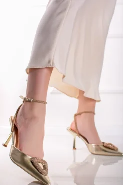 Czółenka slingback na cienkim obcasie Linda - złote Czółenka|Buty