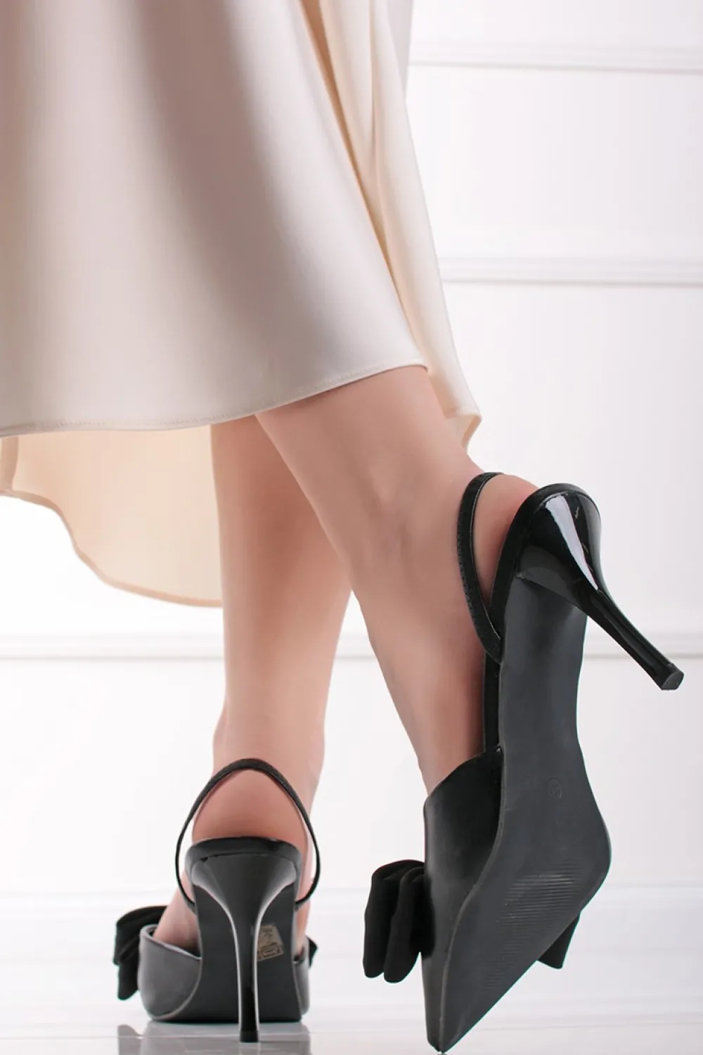 New Czółenka slingback z kokardą Nina - czarne Czółenka|Buty