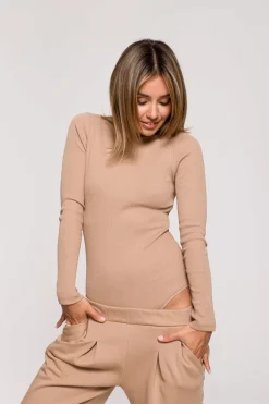 Online Dopaowane body z rozcięcie na pecach - orzechowe Body|Odzież Casualowa