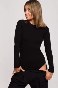 Outlet Dopaowane body z rozcięcie na pecach - czarne Body