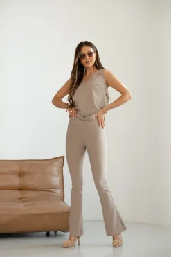 Hot Dopaowane egginy prążkowane z nogawką typu bootcut - cappuccino Odzież Casualowa|Spodnie
