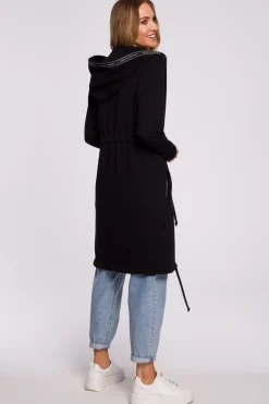 Długa bluza z kapturem i ozdobnym lampasem - czarna Odzież Casualowa|Bluzy
