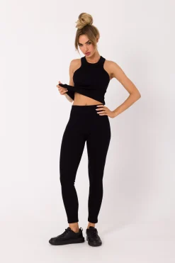 Clearance Długie egginy z prążkowanej dzianiny - czarne Legginsy|Odzież Casualowa