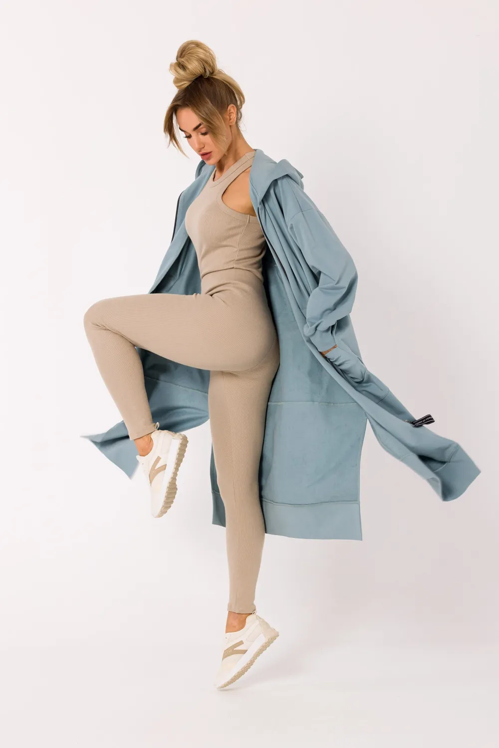 Hot Długie egginy z prążkowanej dzianiny - beżowe Legginsy|Odzież Casualowa