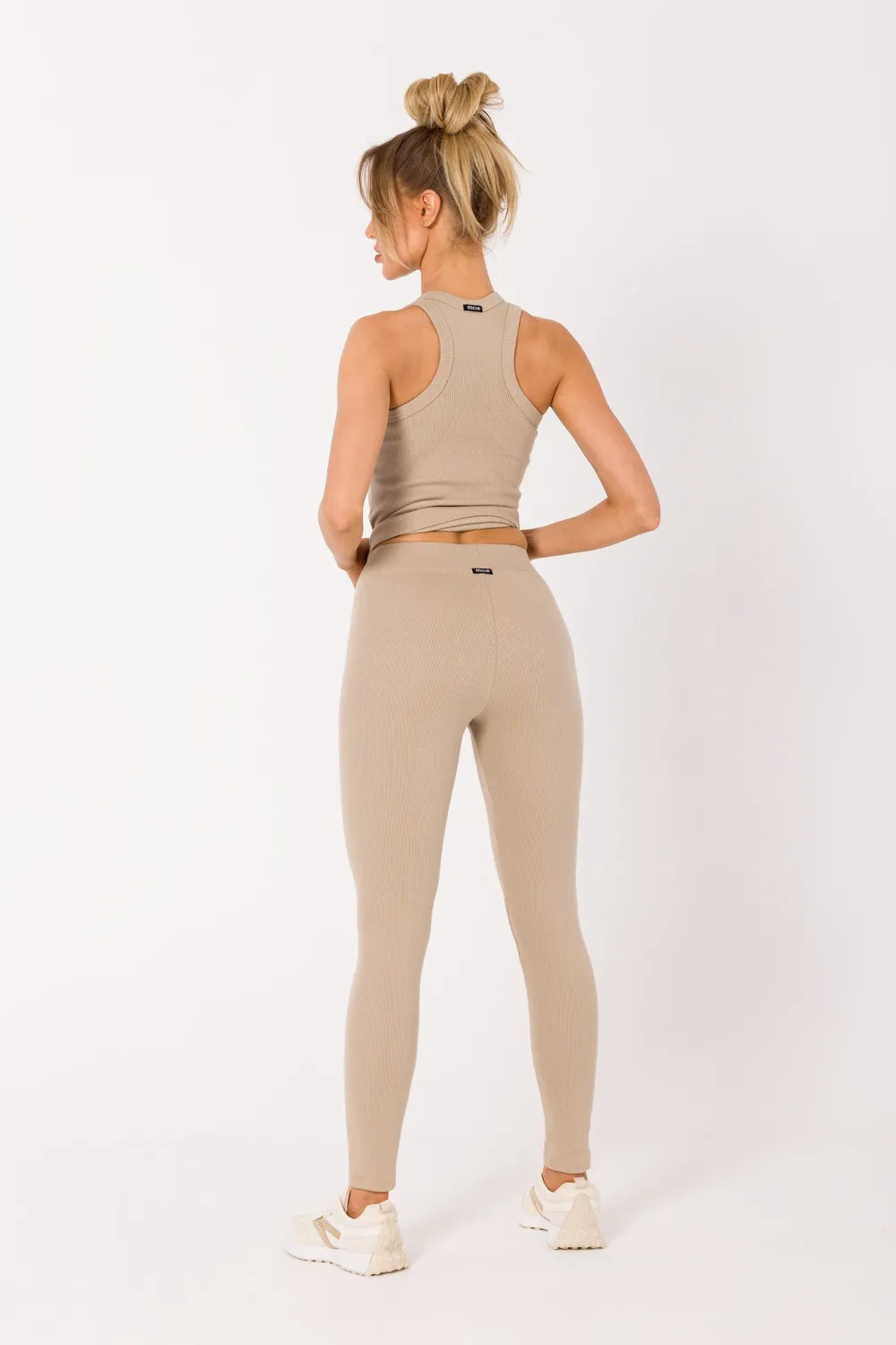 Hot Długie egginy z prążkowanej dzianiny - beżowe Legginsy|Odzież Casualowa