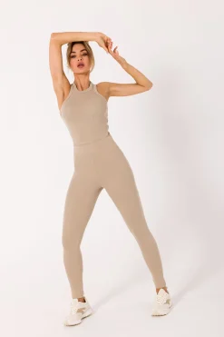 Hot Długie egginy z prążkowanej dzianiny - beżowe Legginsy|Odzież Casualowa