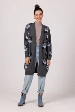 Discount Długi kardigan w róże - grafitowy Swetry