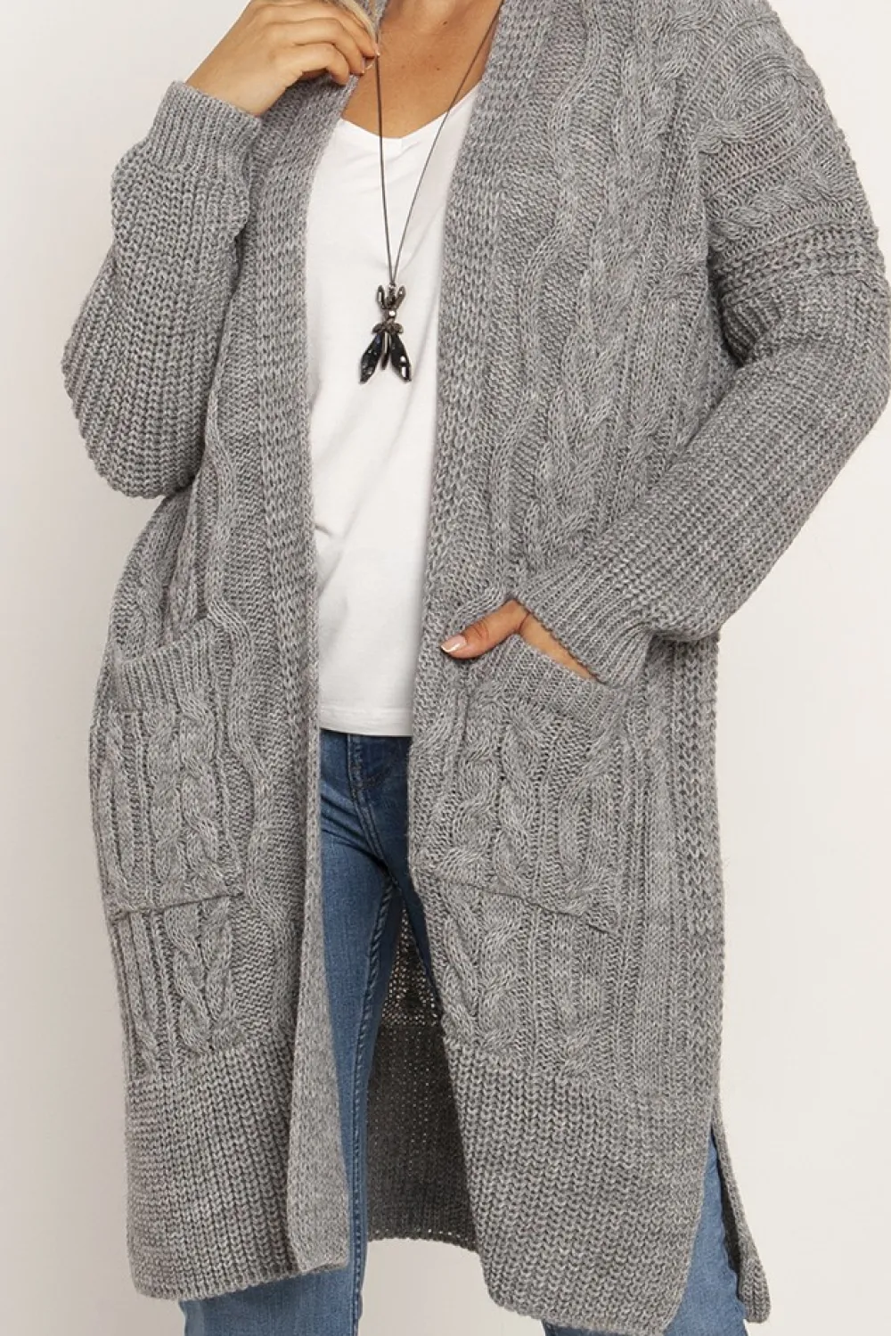 New Długi niezapinany sweter z kieszeniami - szary Swetry
