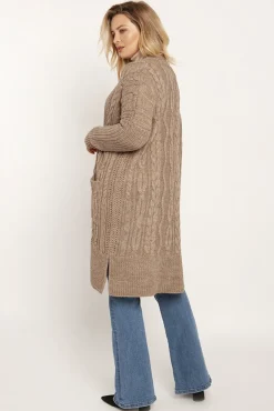 Sale Długi niezapinany sweter z kieszeniami - mocca Swetry