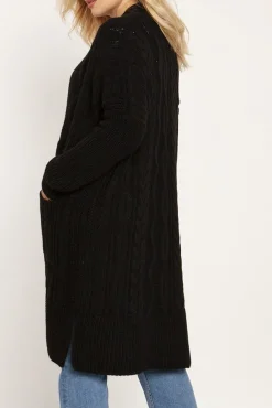 Discount Długi niezapinany sweter z kieszeniami - czarny Swetry