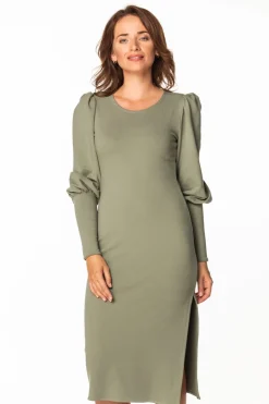 Sale Dzianinowa ukienka z bufiatyi rękawai - khaki Sukienki Koktajlowe|Sukienki