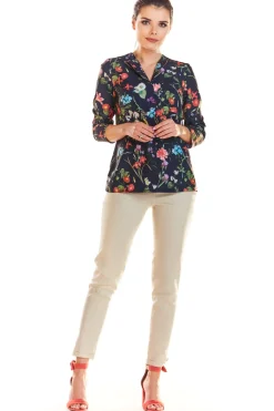 Sale Elegancka bluzka damska w kwiaty - granatowa Dobry Skład|Bluzki