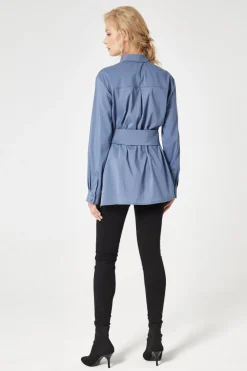 Sale Elegancka koszula wiązana w pasie - jeansowa Koszule