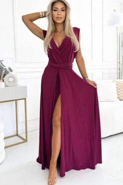 Online Elegancka sukienka maxi na ramiączkach - bordowa z brokatem Sukienki Wieczorowe|Sukienki