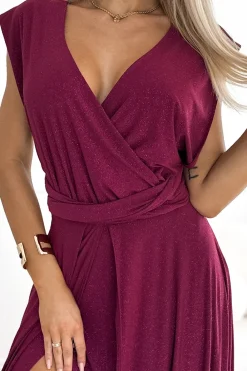 Online Elegancka sukienka maxi na ramiączkach - bordowa z brokatem Sukienki Wieczorowe|Sukienki