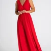 Elegancka sukienka maxi z dekoltem V - czerwona Sukienki Wieczorowe|Sukienki