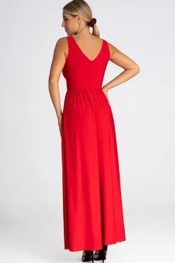 Elegancka sukienka maxi z dekoltem V - czerwona Sukienki Wieczorowe|Sukienki