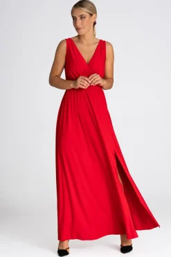 Elegancka sukienka maxi z dekoltem V - czerwona Sukienki Wieczorowe|Sukienki
