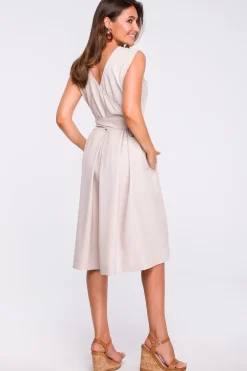 Clearance Elegancka sukienka w kontrafałdy - beżowa Midi|Sukienki