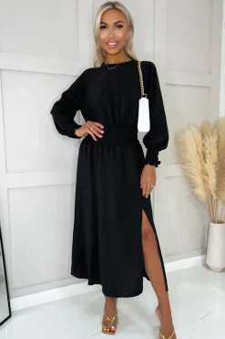 Sale Elegancka sukienka z elastyczną talią - czarna Sukienki Wieczorowe|Sukienki