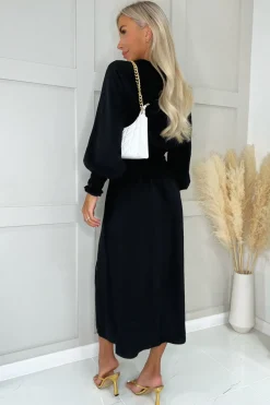 Sale Elegancka sukienka z elastyczną talią - czarna Sukienki Wieczorowe|Sukienki