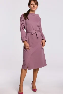Sale Elegancka sukienka z paskiem w talii - wrzosowa Sukienki Dzianinowe|Sukienki