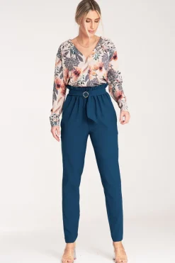 Clearance Eleganckie spodnie z gumą w pasie - granatowe Spodnie