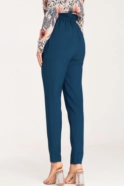 Clearance Eleganckie spodnie z gumą w pasie - granatowe Spodnie
