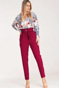Online Eleganckie spodnie z gumą w pasie - bordowe Spodnie