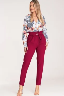Online Eleganckie spodnie z gumą w pasie - bordowe Spodnie