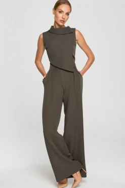 Hot Eegancki kobinezon z zerokii nogawkai - khaki Eleganckie Kombinezony|Kombinezony