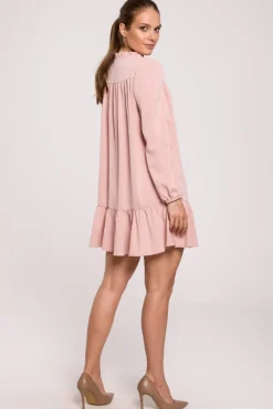 Discount Gładka sukienka oversize z falbaną - pudrowa Sukienki Koktajlowe|Sukienki