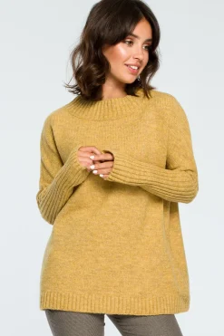 Hot Gruby sweter ze ściągaczem w rękawie - musztardowy Swetry